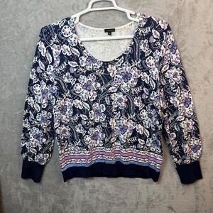 Talbots Sweater Women XL Navy Blue Floral Scoop Neck Knit Top Office Wear Casual